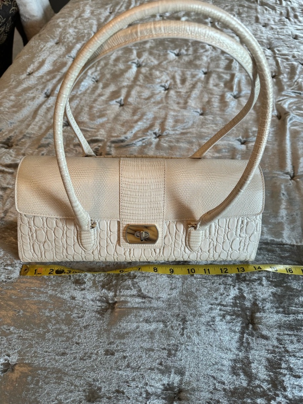 Brahmin Cream Croc-Embossed Shoulder Bag with Turn-Lock